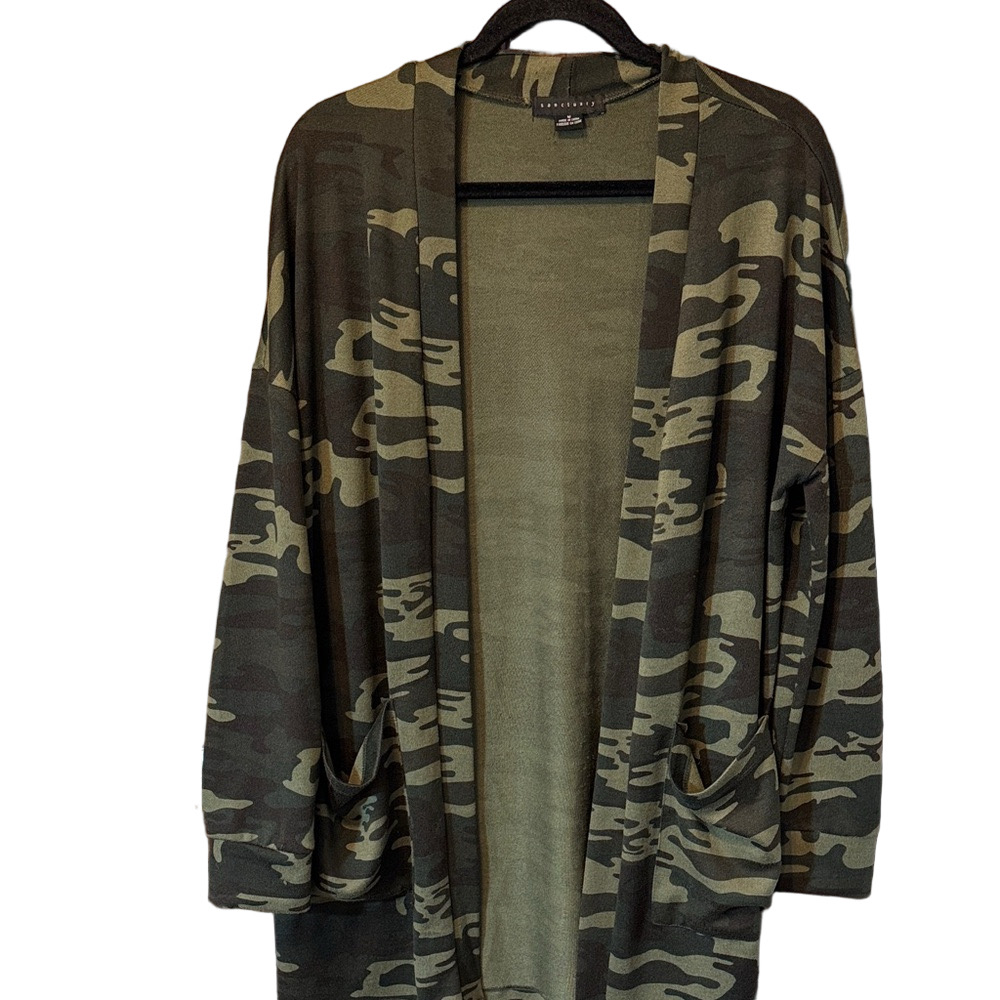 Sanctuary Camouflage Open-Front Cardigan Sweater with Pockets